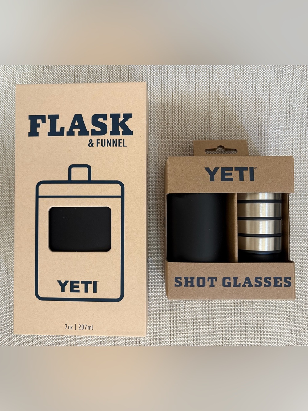 YETI Flask & Funnel& 4 Shot Glasses with Carrying Case Black Stone and Silver